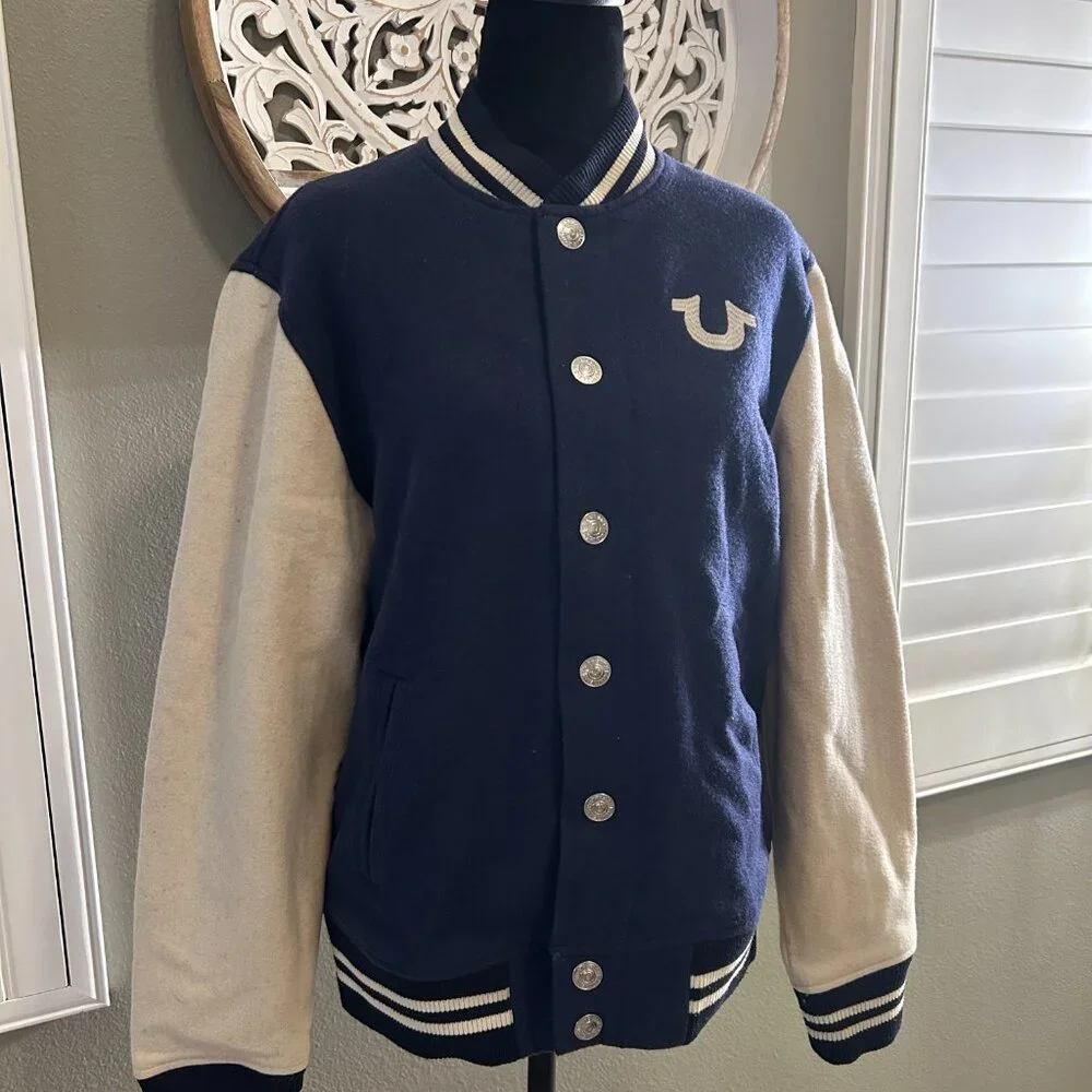 True Religion Varsity Letterman Jacket Wool Blend Snap Front Y2K Streetwear - Picture 3 of 12